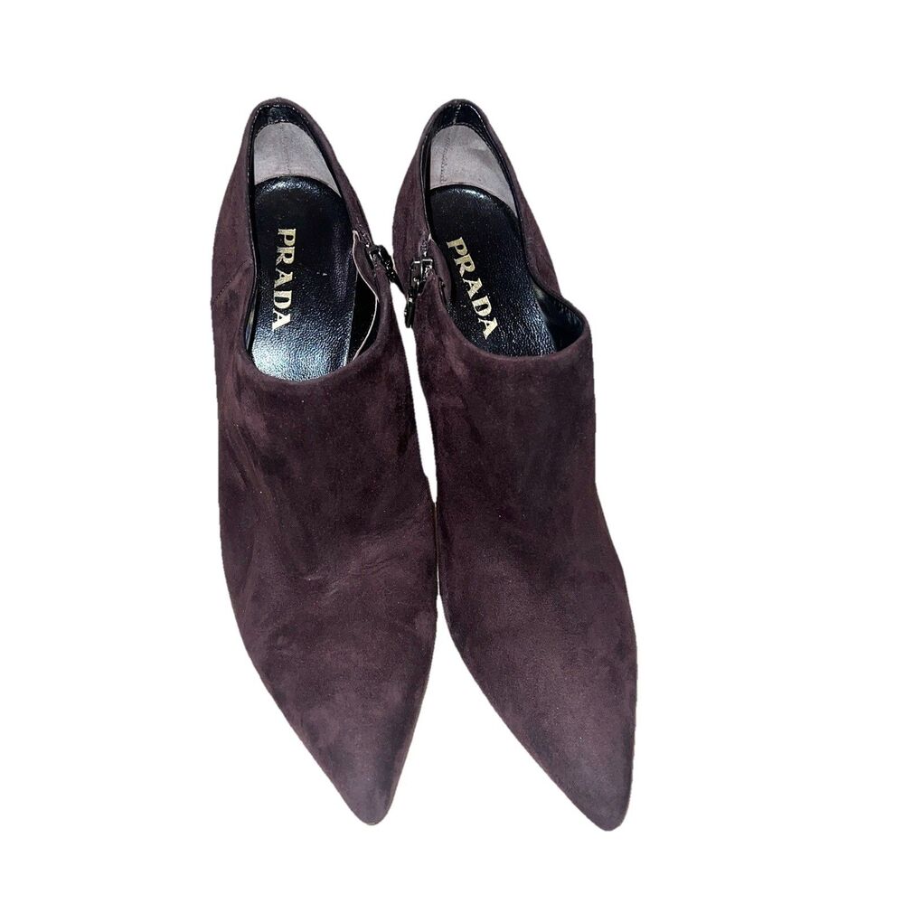 Prada Women's Dark Brown Suede Side Zipper Kitten Heels Ankle Booties Sz 38.5 8